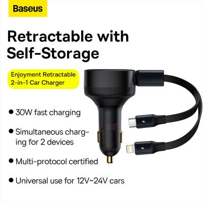Baseus Enjoyment Retractable 2-in-1 Car Charger C+L 30W-Black